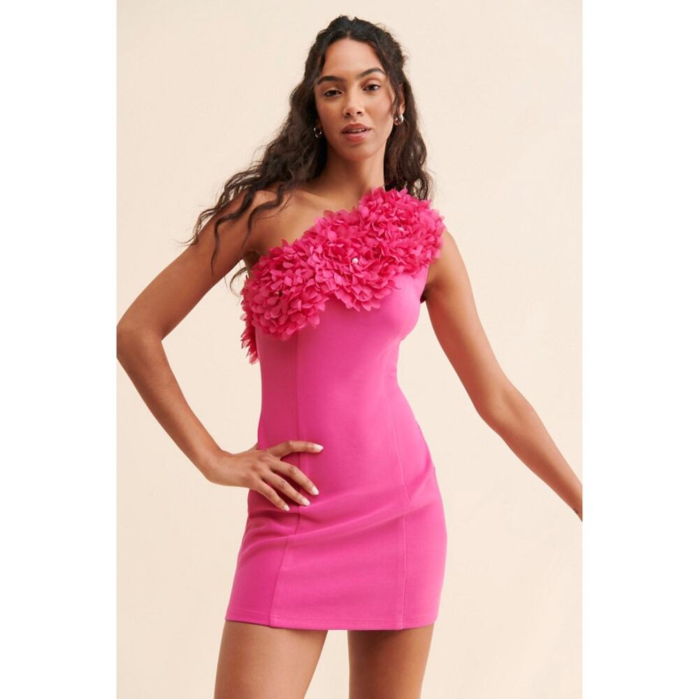 Anthropologie Elliatt Uma One Shoulder Mini Dress Floral Pearl Bead Applique XL